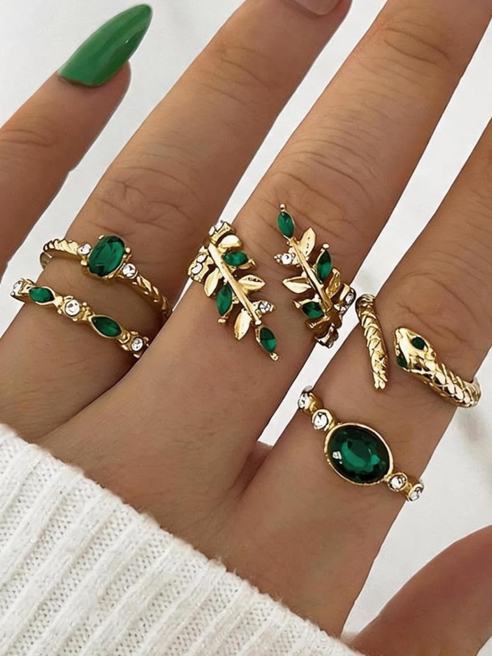Anthropologie Gold Leaf & Emerald Green Stackable Ring Set - Picture 6 of 6